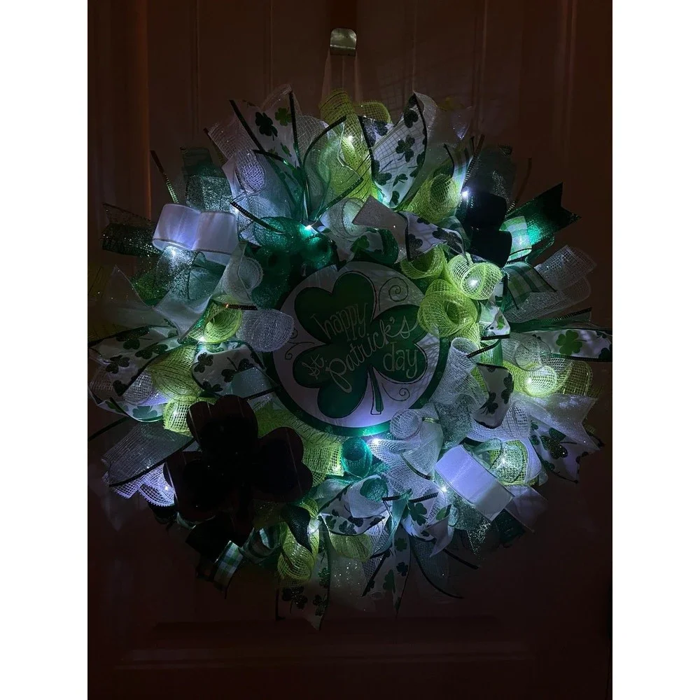 Handmade Happy St. Patrick’s Day Ribbon Prelit Wreath 22 ins LED W11